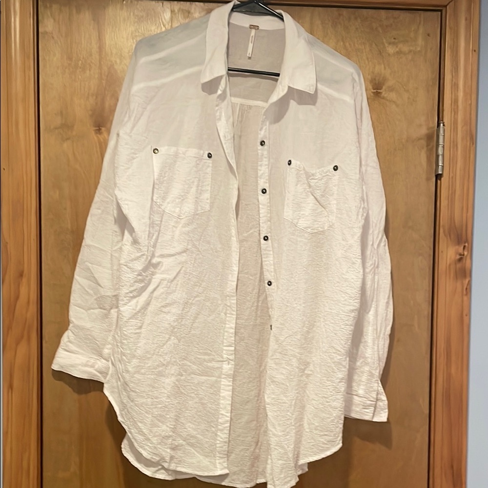 Free People White Button-Up Beach Shirt